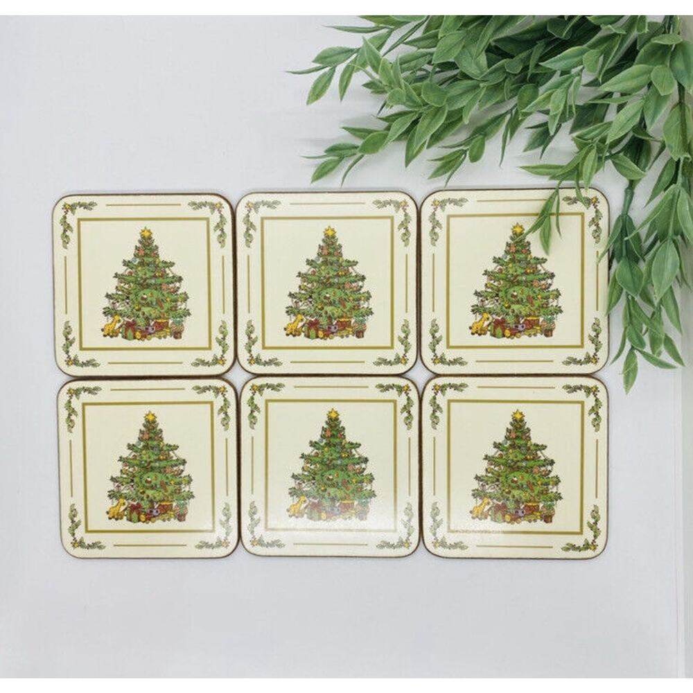Vintage Pimpernel White Christmas Tree Cork Back Coasters 6 Box Set Holiday Gift